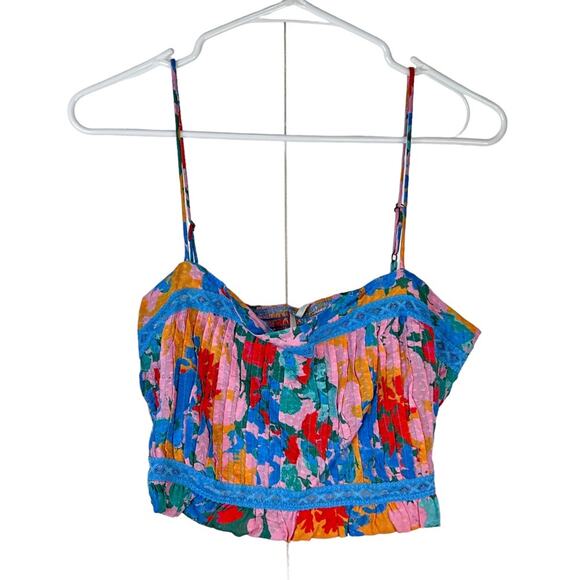 Anthropologie Pintucked Floral Bra Top Square Neck Smock Back Ruffled Blue Large - Picture 5 of 12